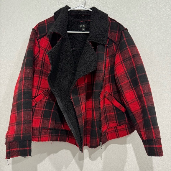 Jessica Simpson Plaid Buffalo Check Jacket Sz 2X Fleetwood Sherpa Moto Red Black - Picture 11 of 14